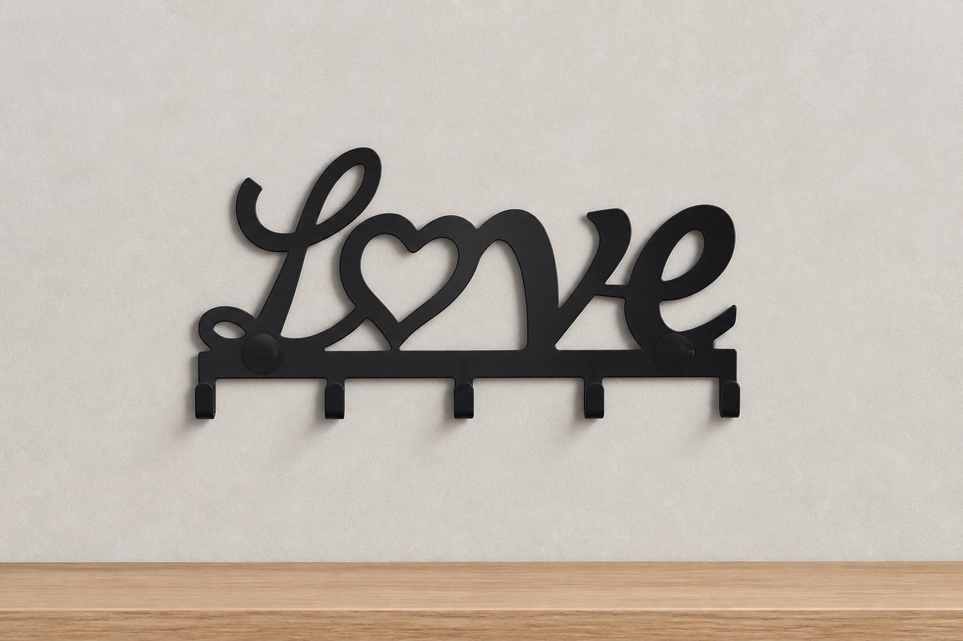 Amour matte-black metal LOVE wall hook rack with five hooks shown unobstructed