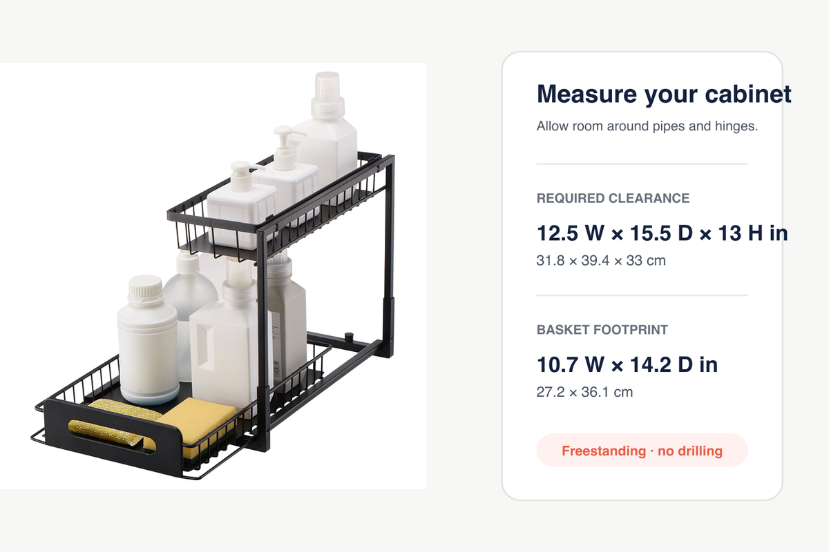 Basin under-sink organizer required clearance and basket footprint dimensions