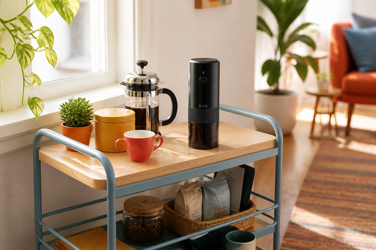 BeanMill Black grinder on a colorful compact-apartment coffee cart