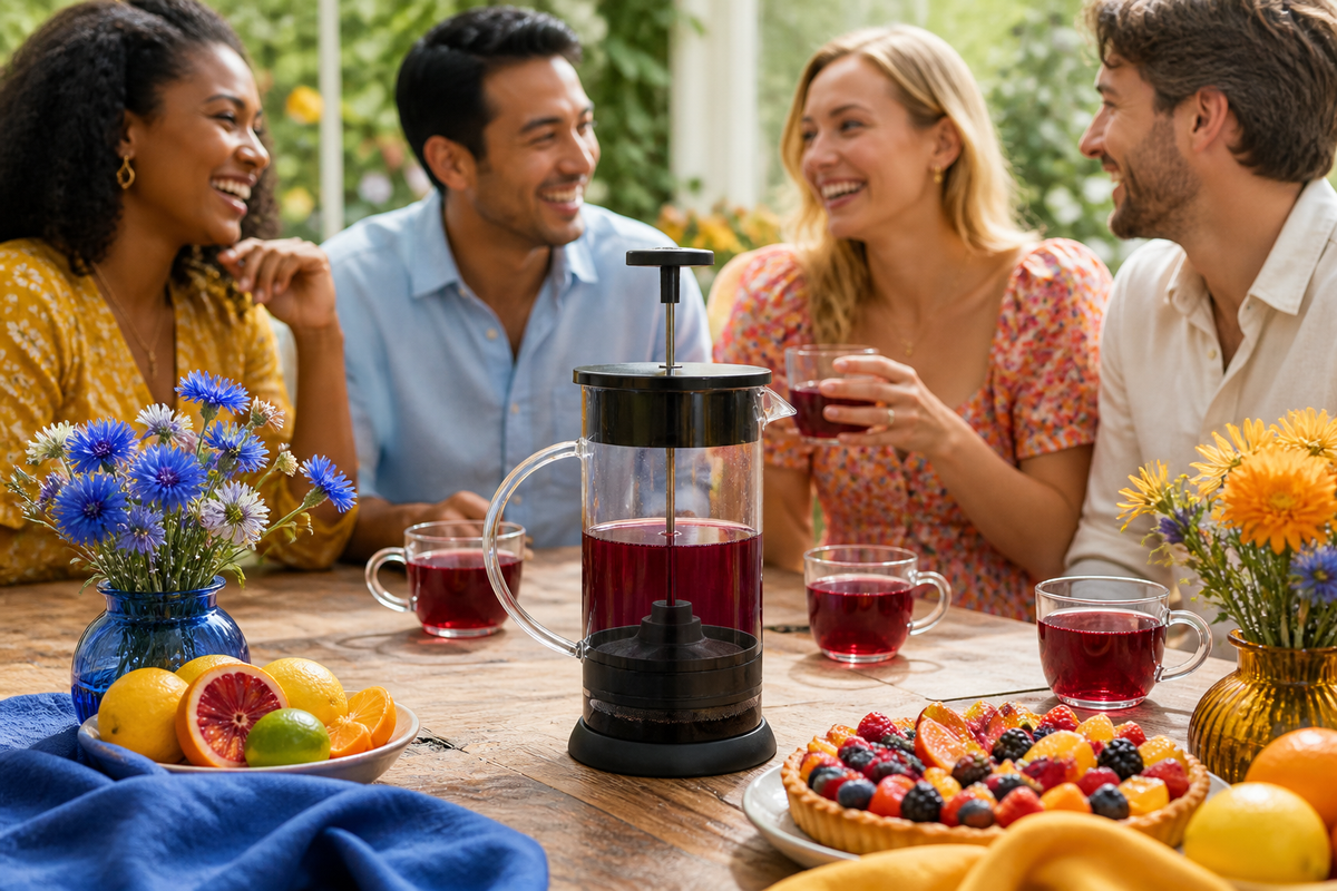 Friends sharing berry tea brewed in the Steep glass tea press at a bright garden brunch