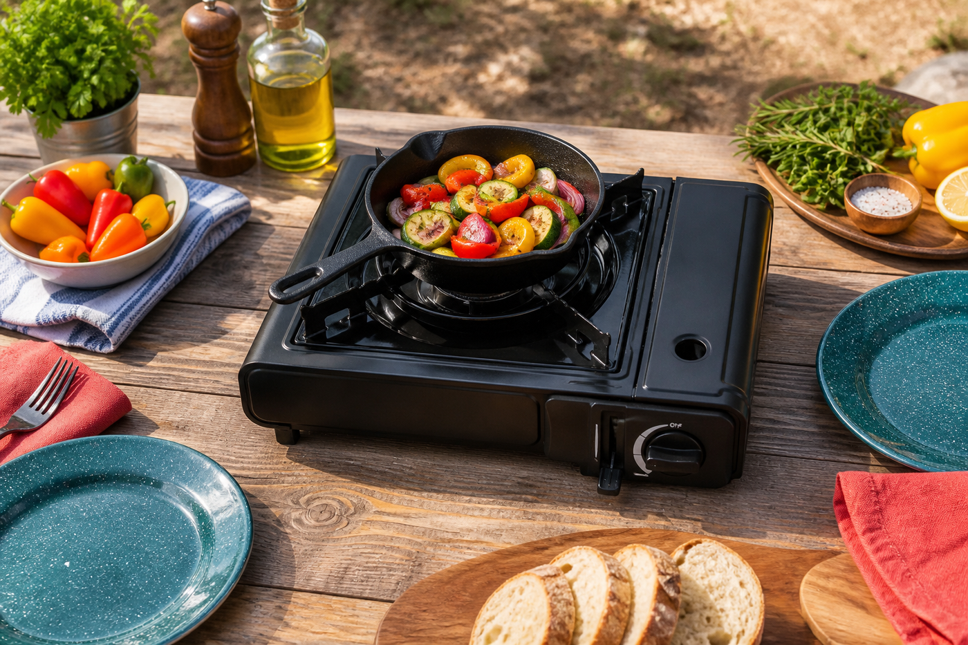 CampFlame stove cooking vegetables on a colorful open-air picnic table