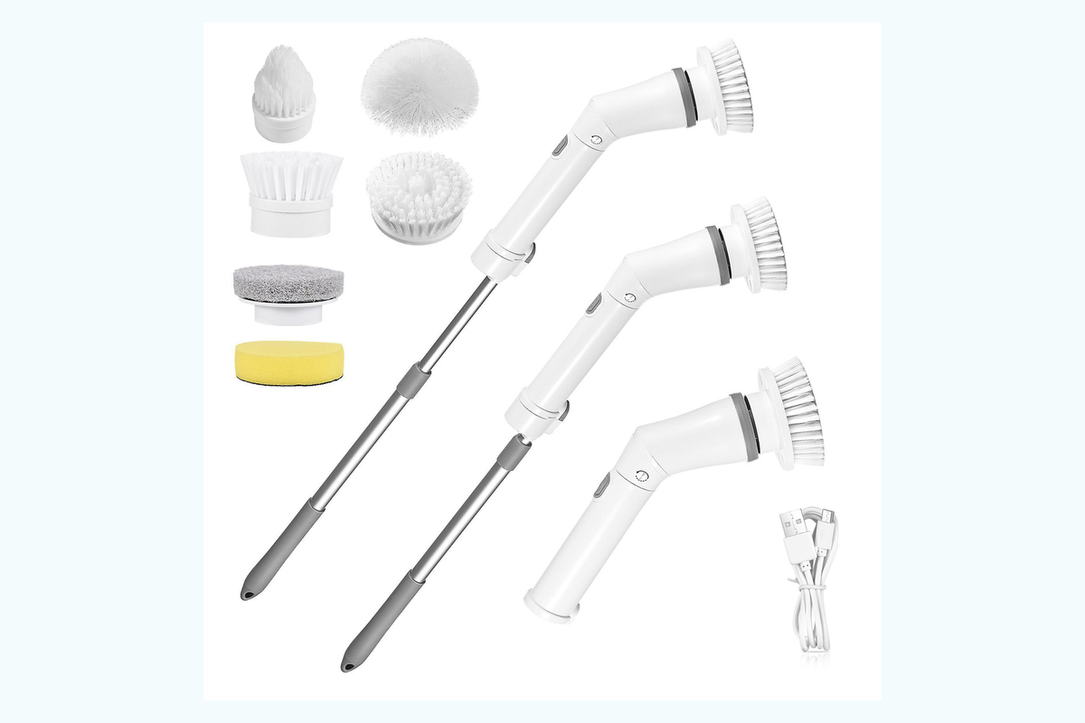 Exact CleanReach scrubber kit with three reach configurations, six interchangeable heads and USB-C cable