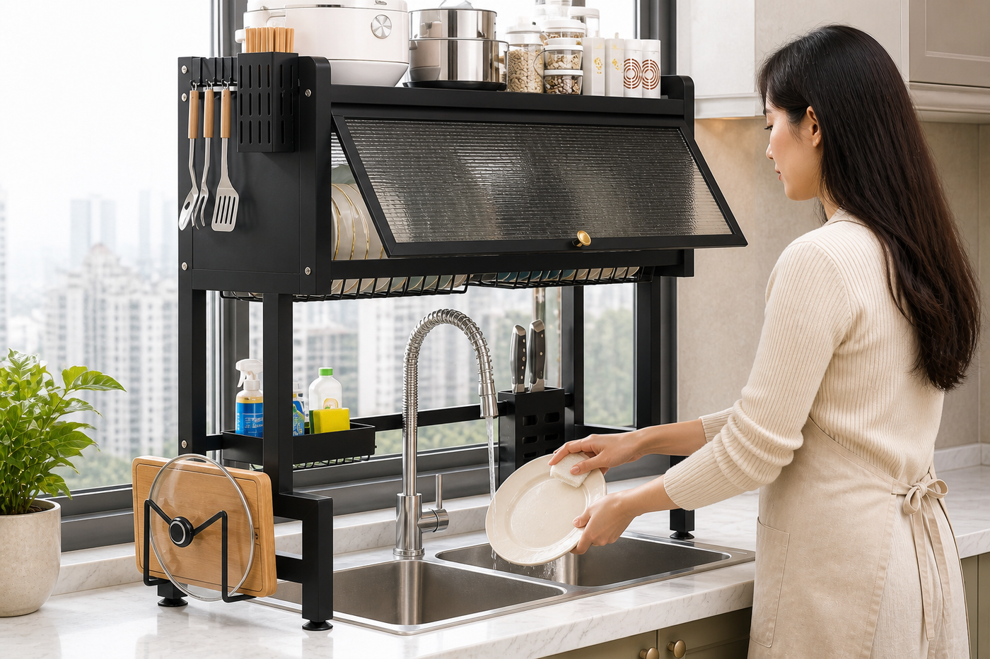 ClearSpan rack used above a double sink with comfortable faucet clearance