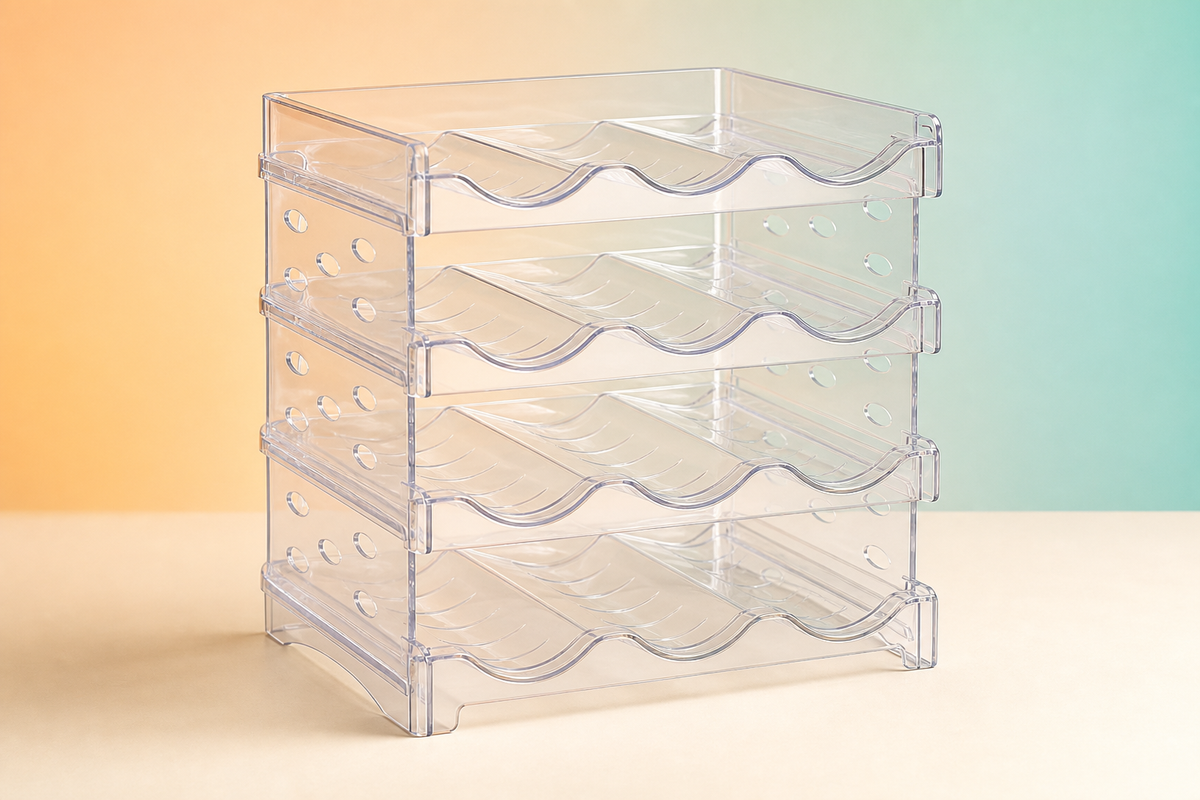 Empty ClearStack transparent four-tier organizer with three wave-shaped bottle cradles per tier