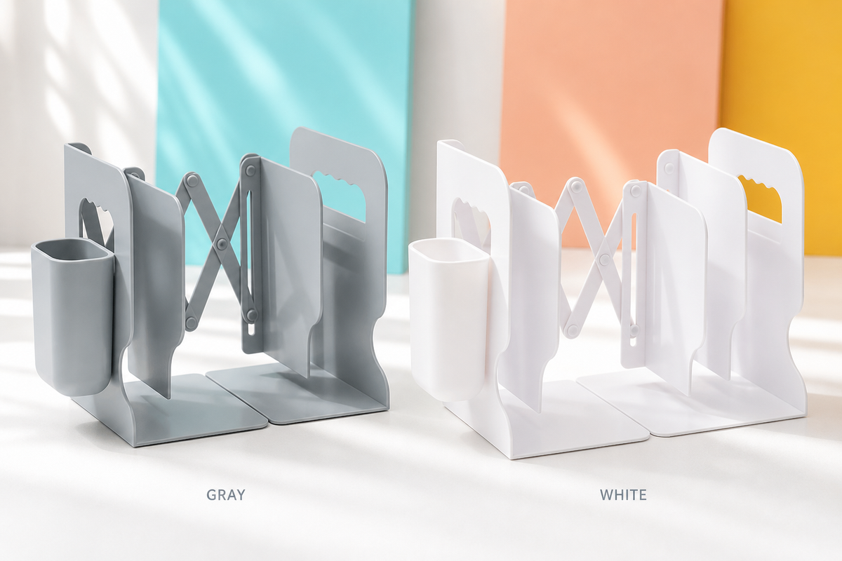 Complete PageSpan expandable bookend and pen cup shown in Gray and White