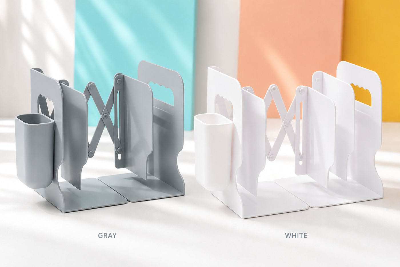 Complete PageSpan expandable bookend and pen cup shown in Gray and White