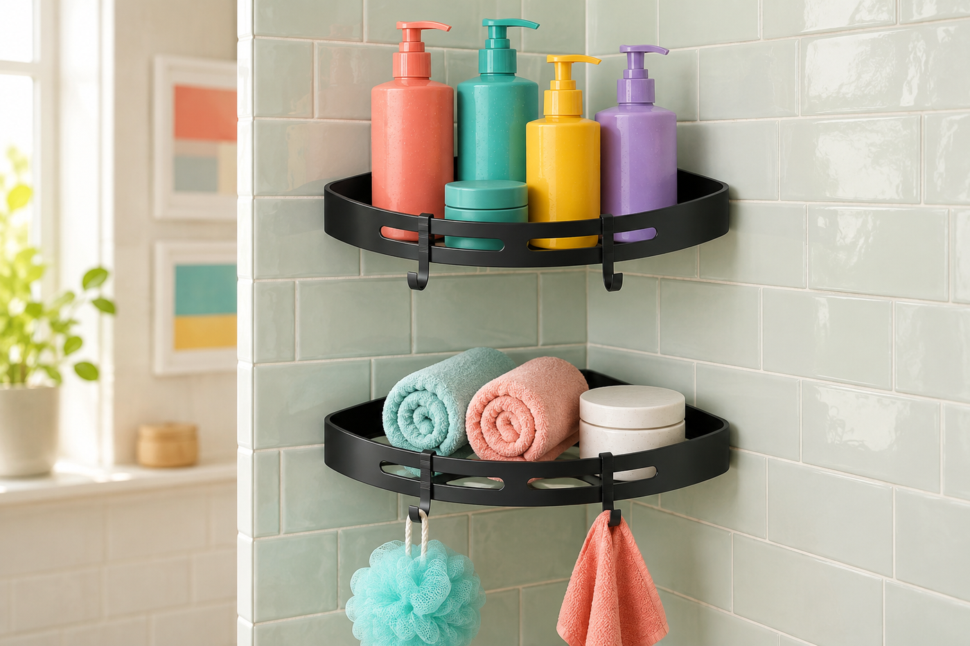 Two independently spaced CoveRise corner shelves with colorful bath storage and four hooks