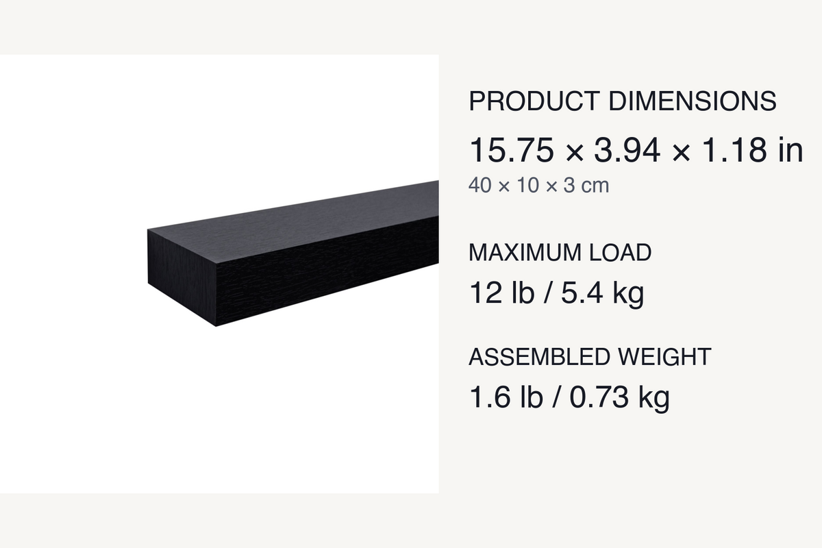 Halo LED Floating Shelf dimensions: 15.75 by 3.94 by 1.18 inches, maximum load 12 pounds