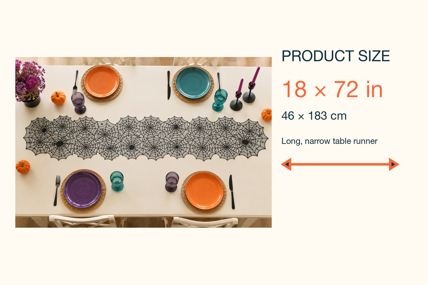 Webveil product size card showing the runner measures 18 by 72 inches or 46 by 183 centimeters