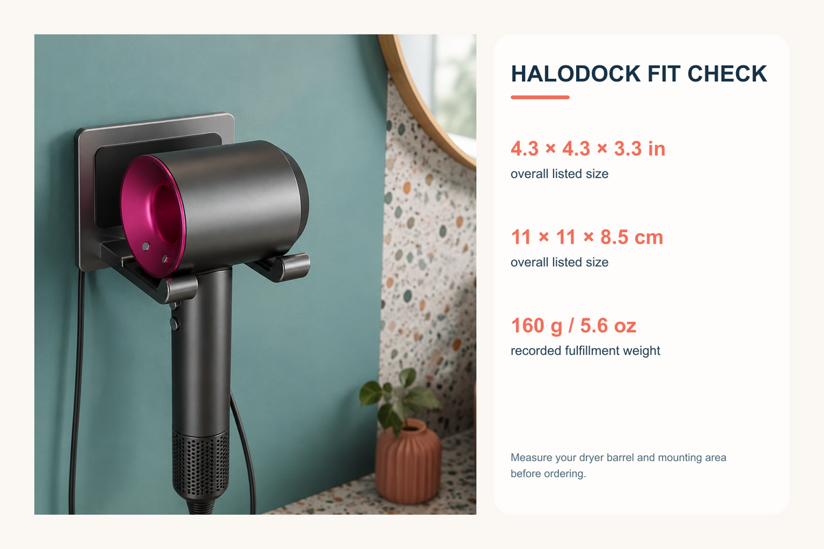 HaloDock fit guide showing an overall 11 by 11 by 8.5 centimeter listed size