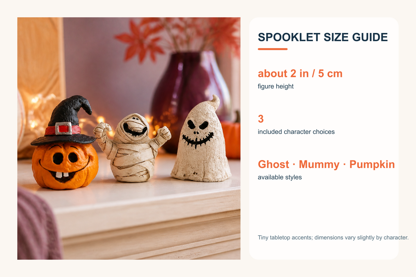 Spooklet size guide showing approximately 2 inches or 5 centimeters tall and three available styles