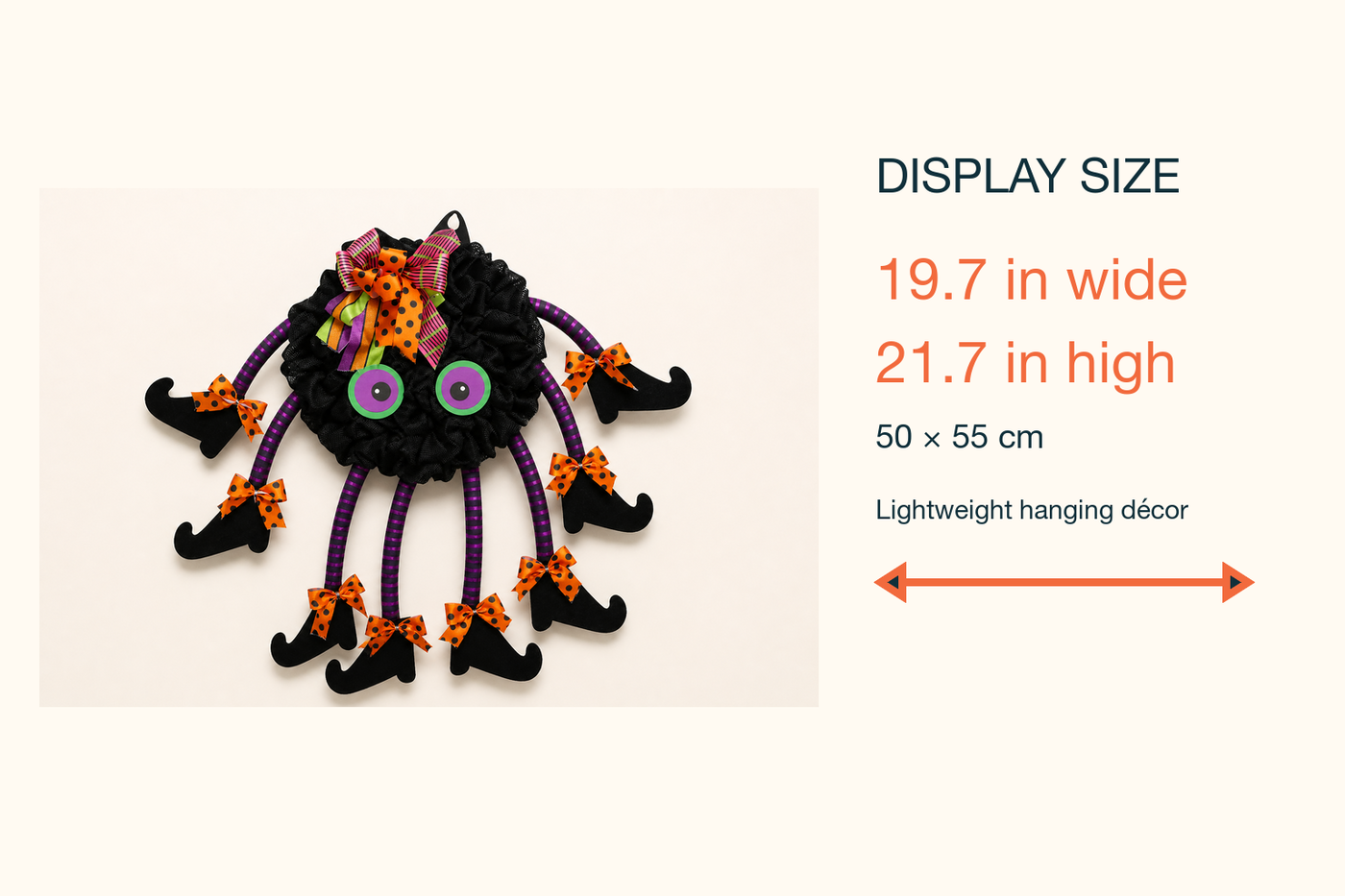 TangleToes display-size card showing the spider wreath is approximately 19.7 inches wide by 21.7 inches high