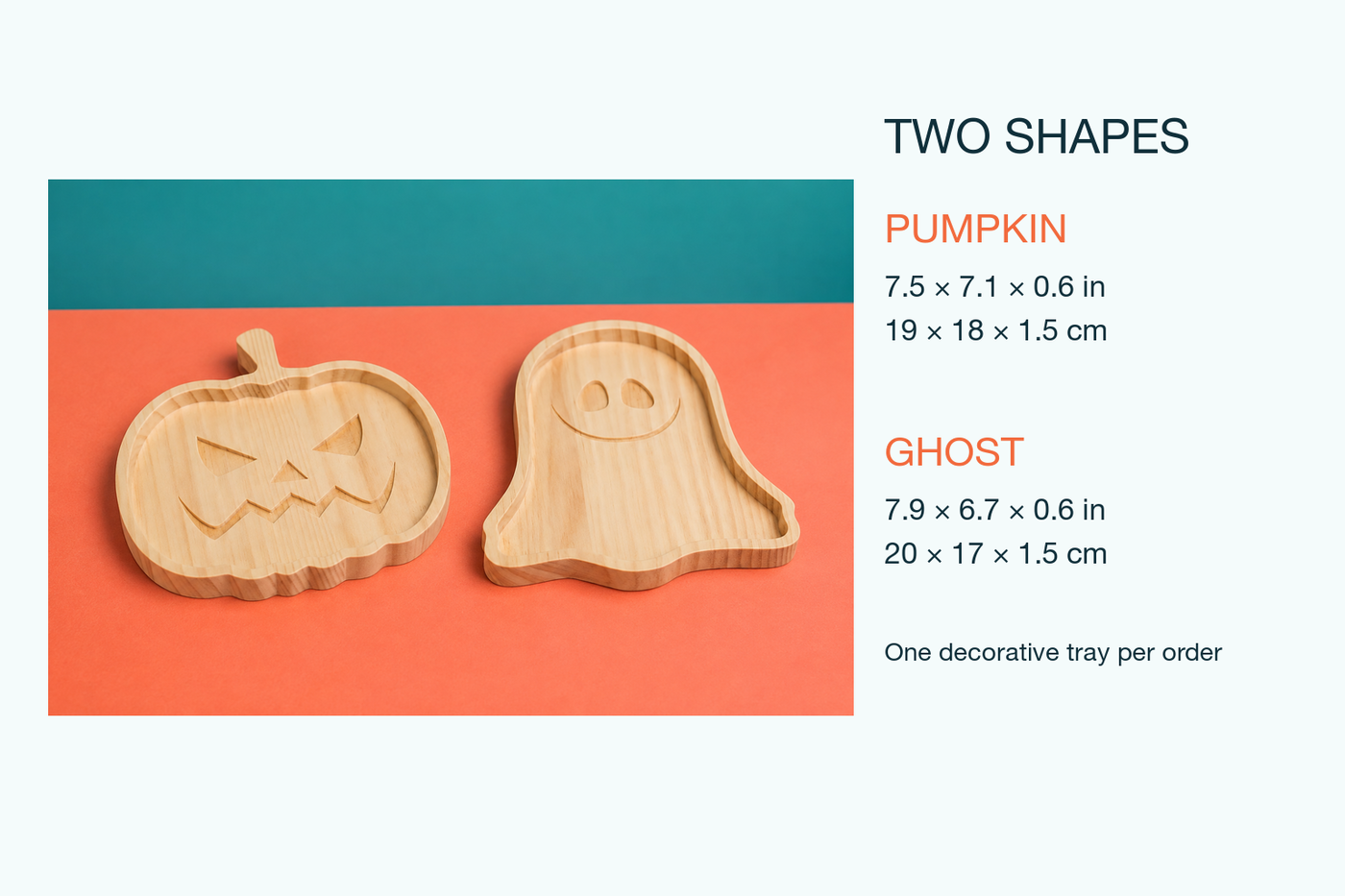 CarveGlow dimension card showing separate Pumpkin and Ghost tray measurements and one tray per order