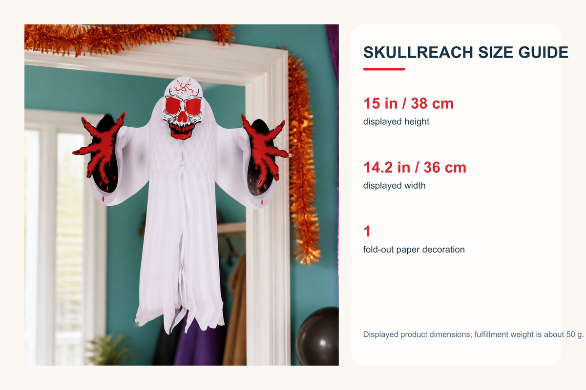 SkullReach size guide showing 38 centimeter height and 36 centimeter width