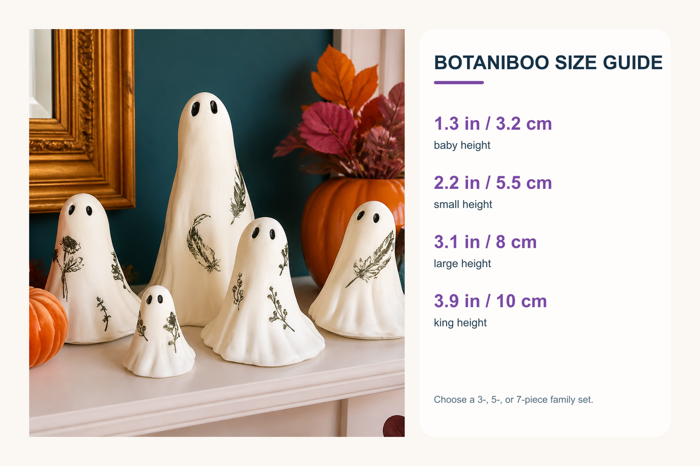 BotaniBoo size guide showing baby small large and king ghost heights