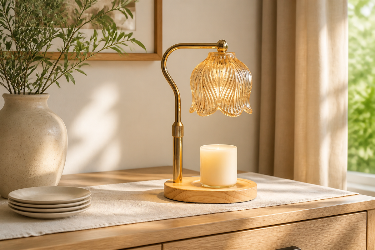 Gold EmberGlow candle warmer lamp on a sunlit dining-room sideboard