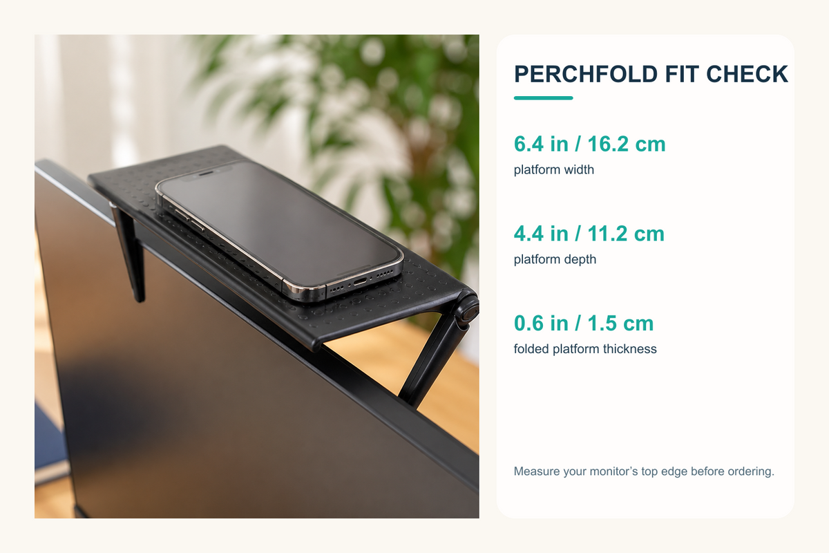 PerchFold monitor-top shelf fit check with exact platform dimensions
