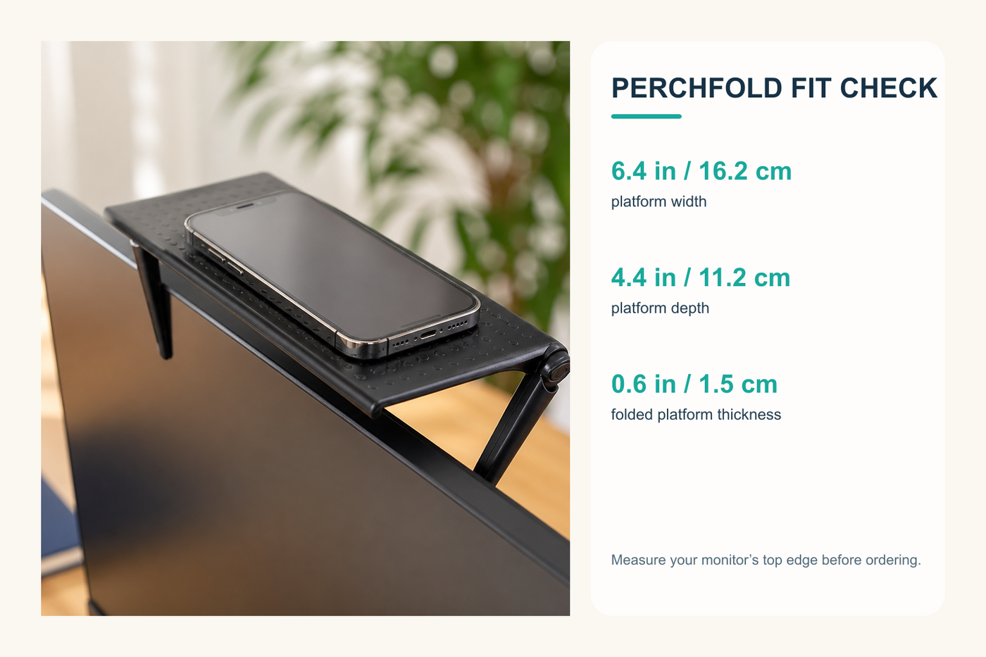 PerchFold monitor-top shelf fit check with exact platform dimensions