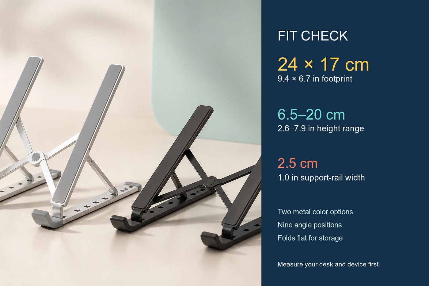 RiseRail laptop stand fit check with exact footprint height range and rail width