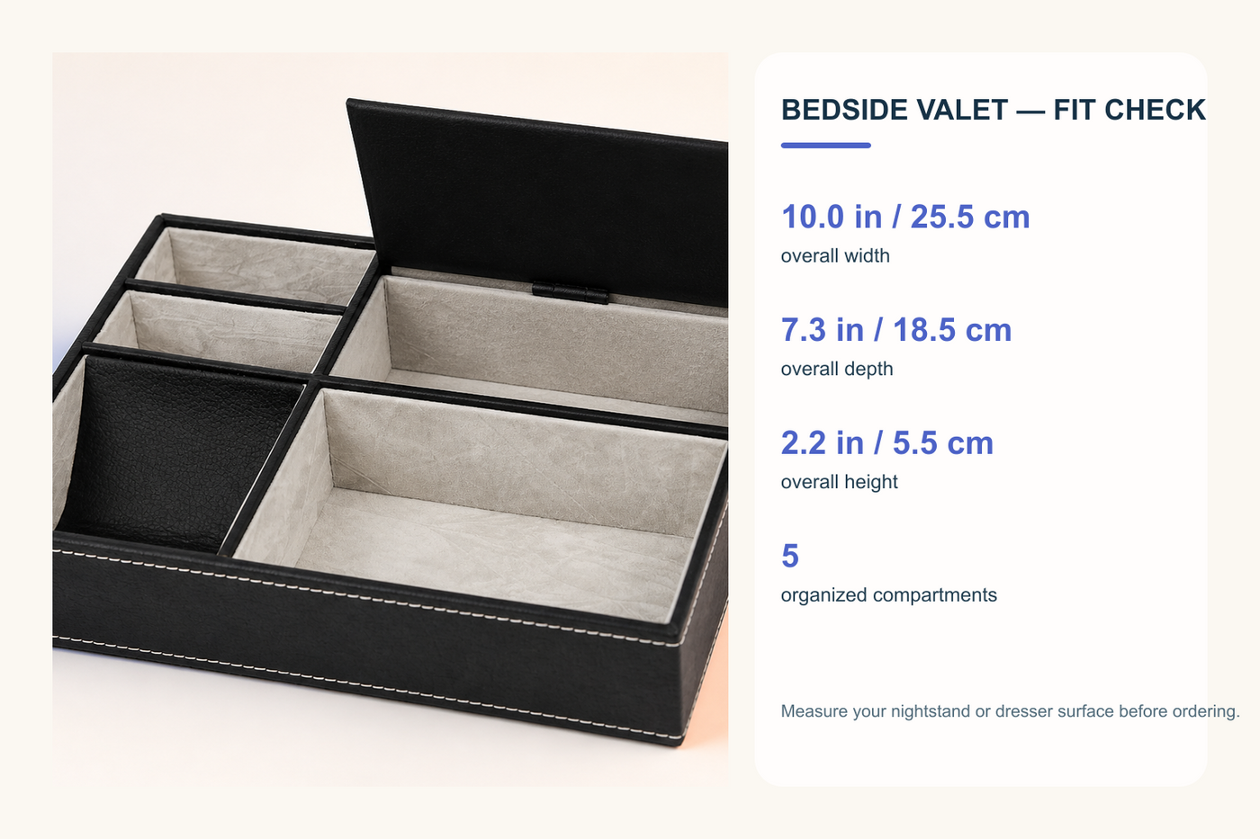 NightKeep bedside valet fit check with verified dimensions and five organization areas
