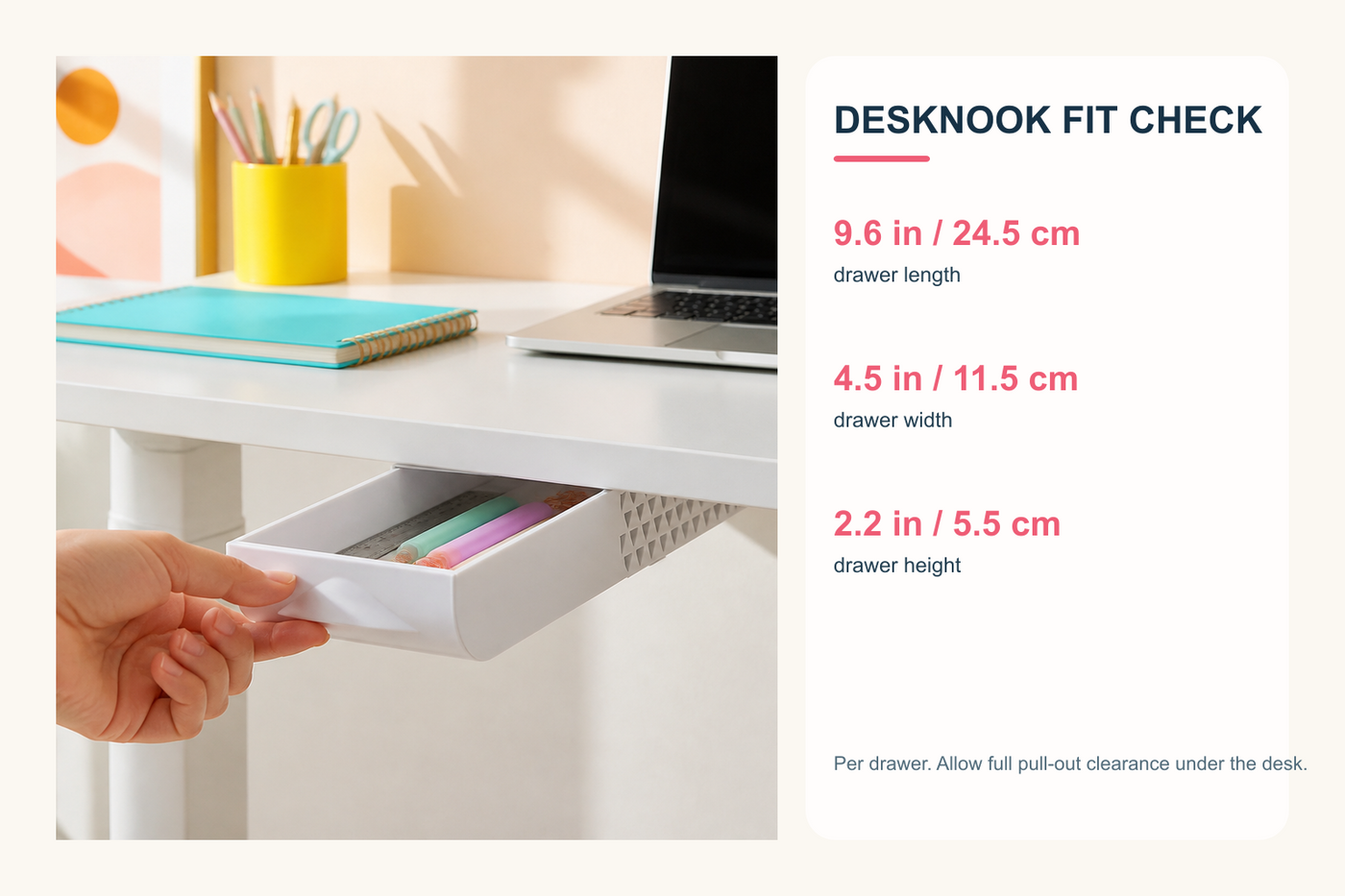 DeskNook under-desk drawer fit check with exact per-drawer dimensions