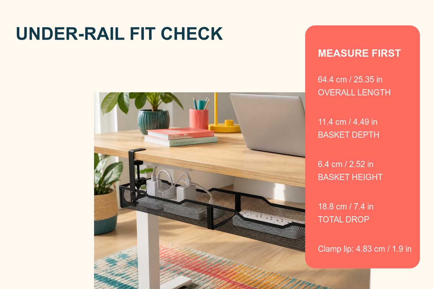 UnderRail cable tray fit check with supplier-documented length depth height drop and clamp spacing