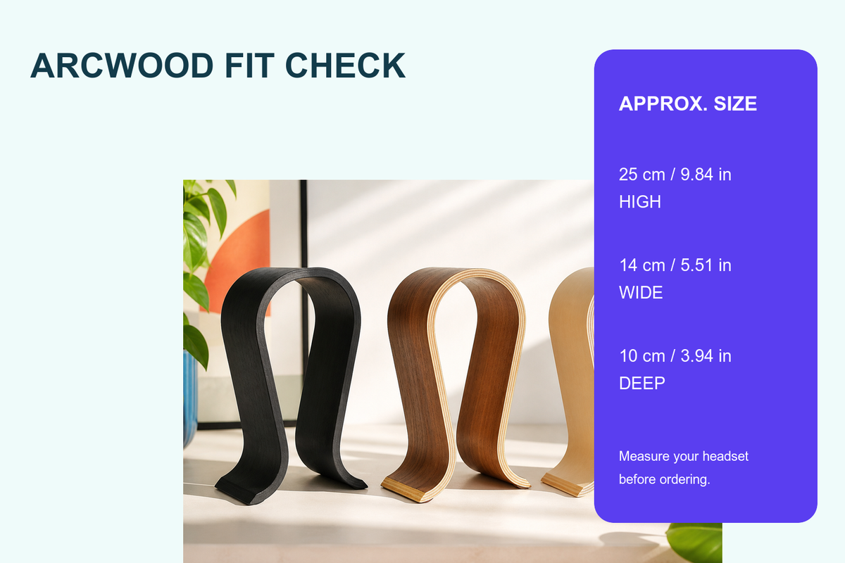 Arcwood headphone stand fit check with supplier-listed approximate height width and depth