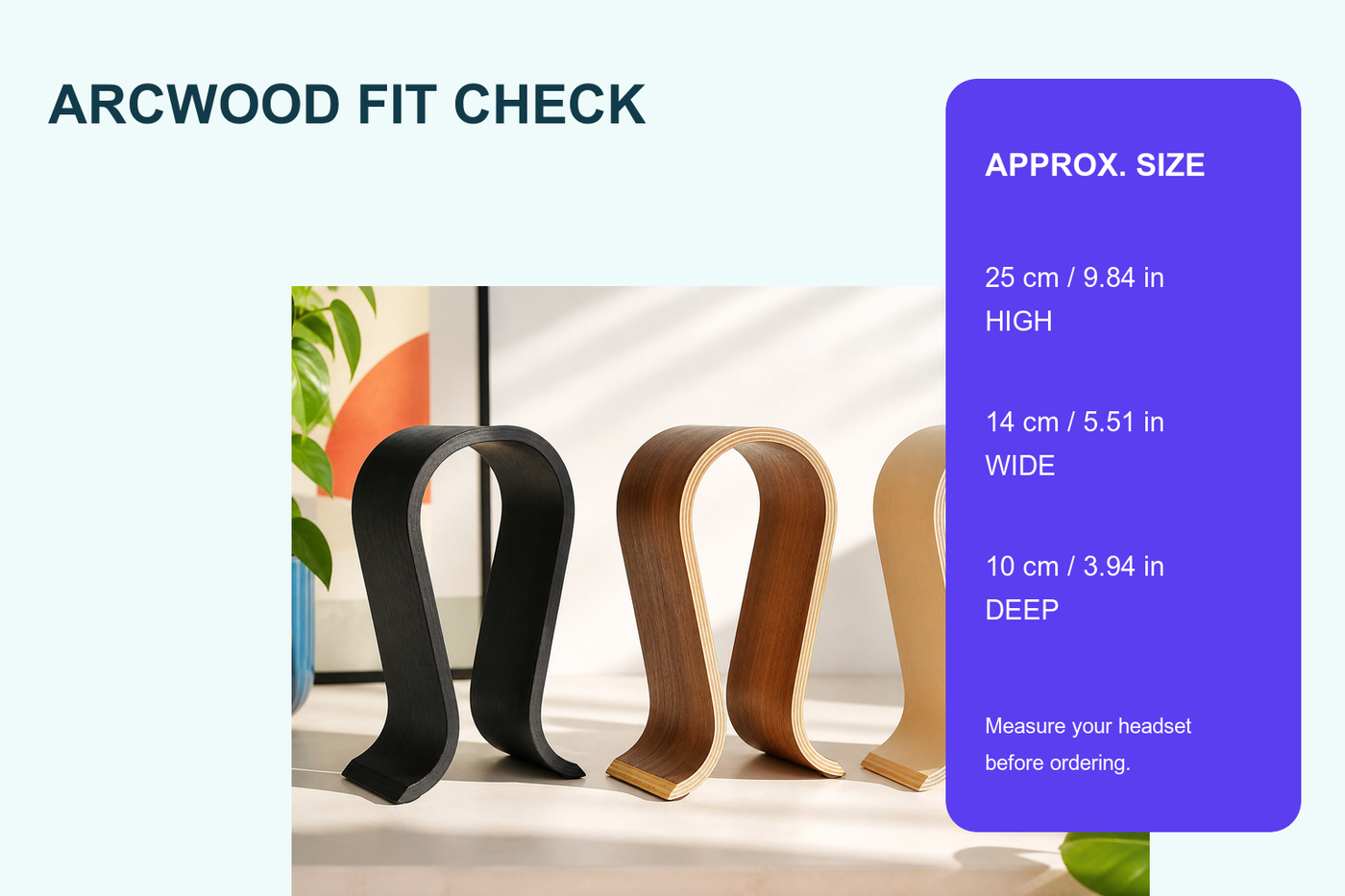 Arcwood headphone stand fit check with supplier-listed approximate height width and depth
