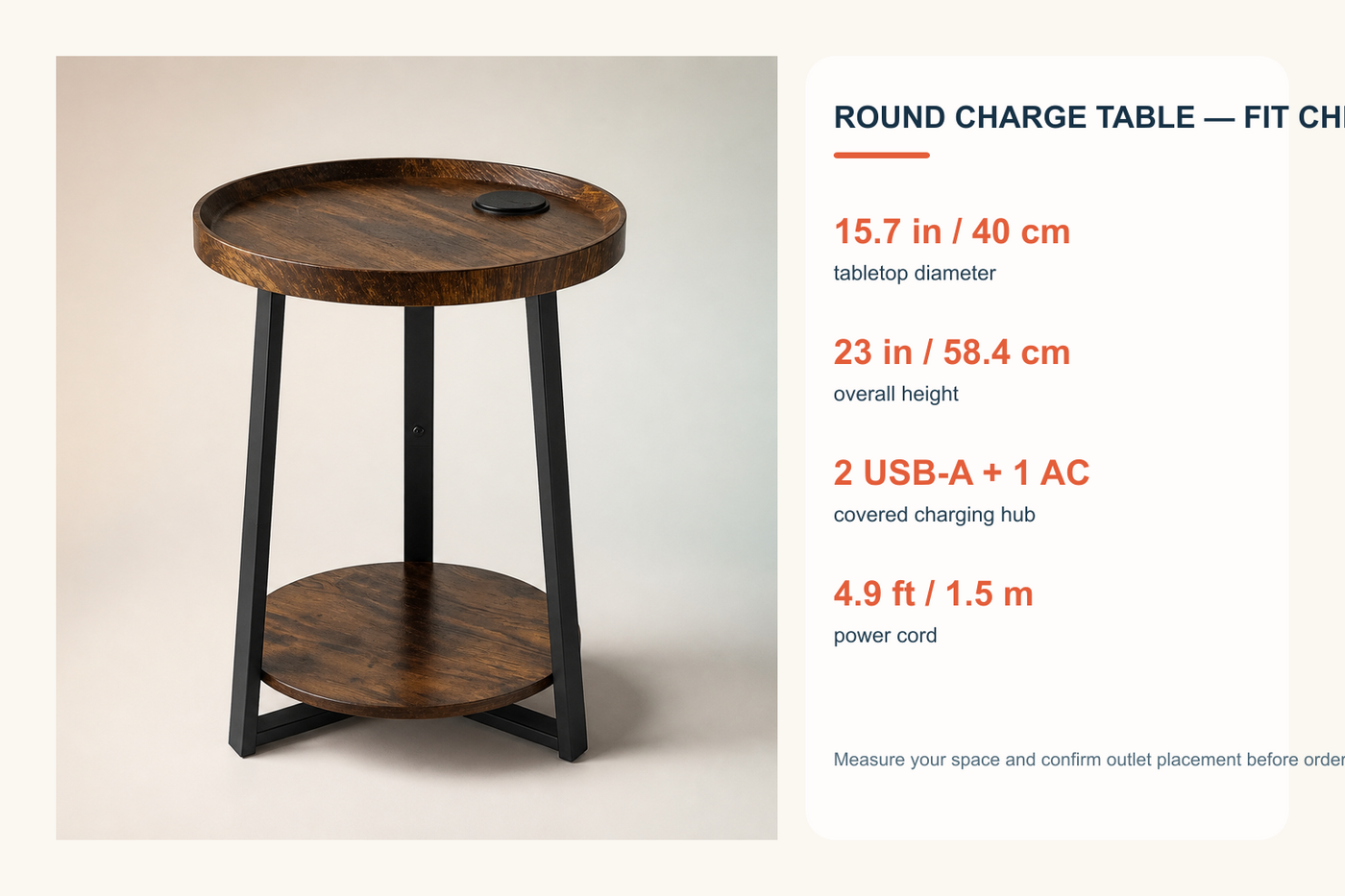 RoundCharge side table fit check with verified dimensions ports and cord length
