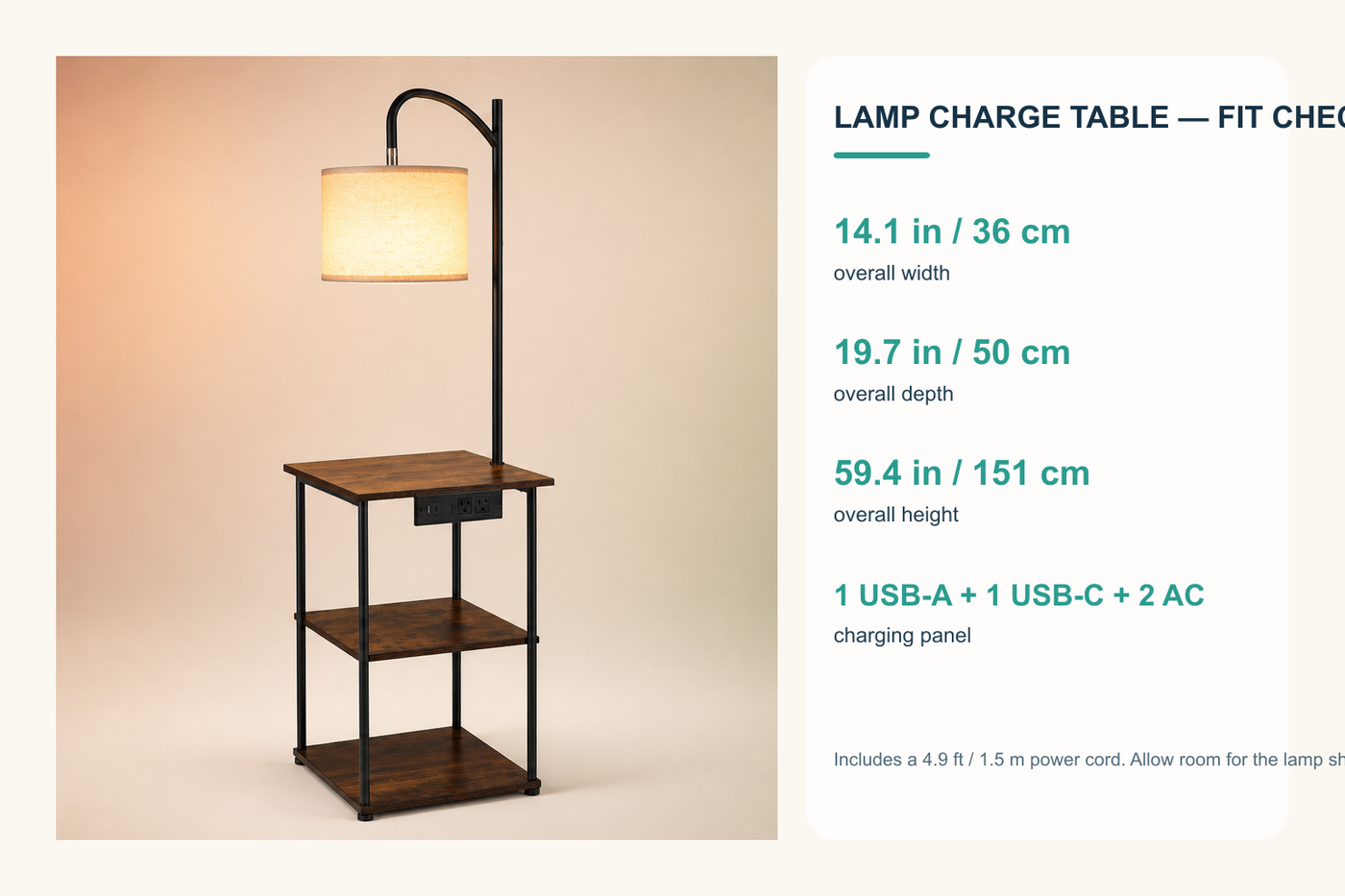 GlowShelf lamp and charging table fit check with verified dimensions ports and cord length