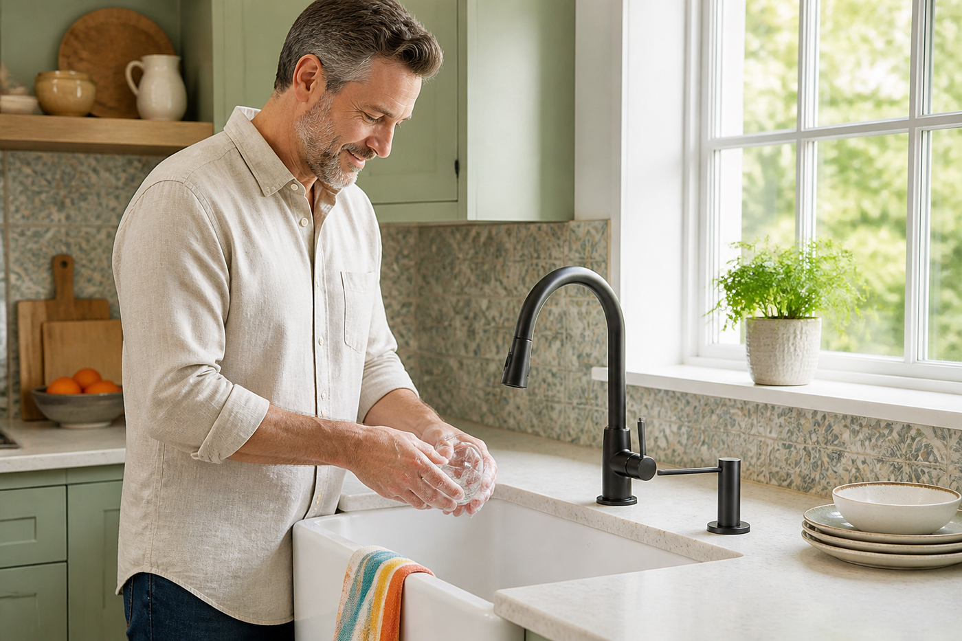 Font built-in soap dispenser in a bright cottage kitchen with a farmhouse sink