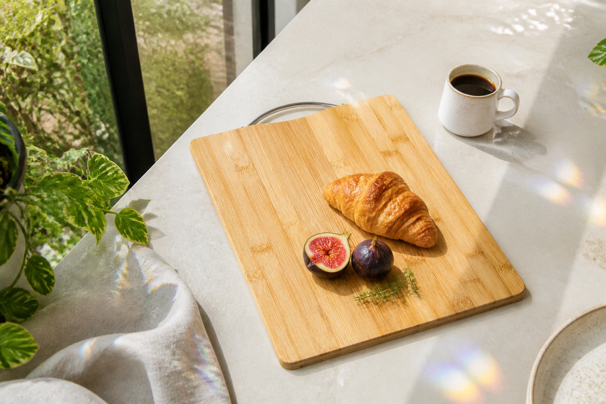 Grove bamboo cutting board serving breakfast in a bright indoor conservatory