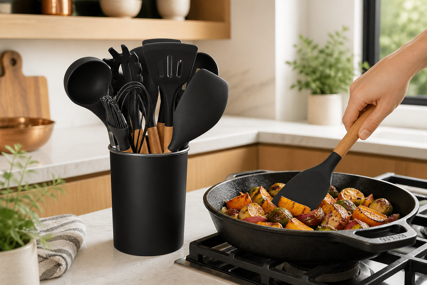 Black Hearth silicone utensil set beside roasted vegetables on the stovetop