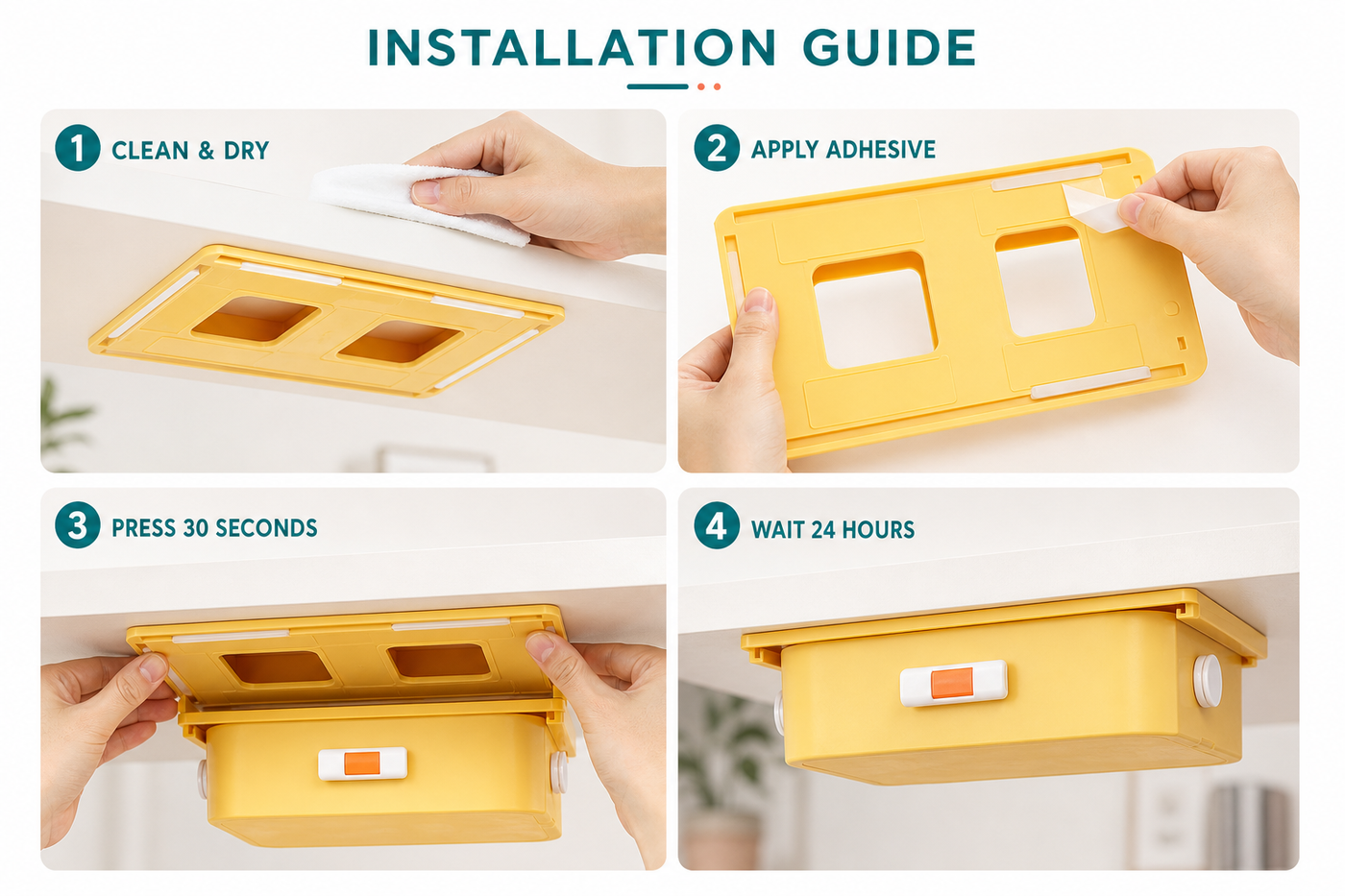 PocketGlide four-step adhesive mounting guide with 30-second pressure and 24-hour set time