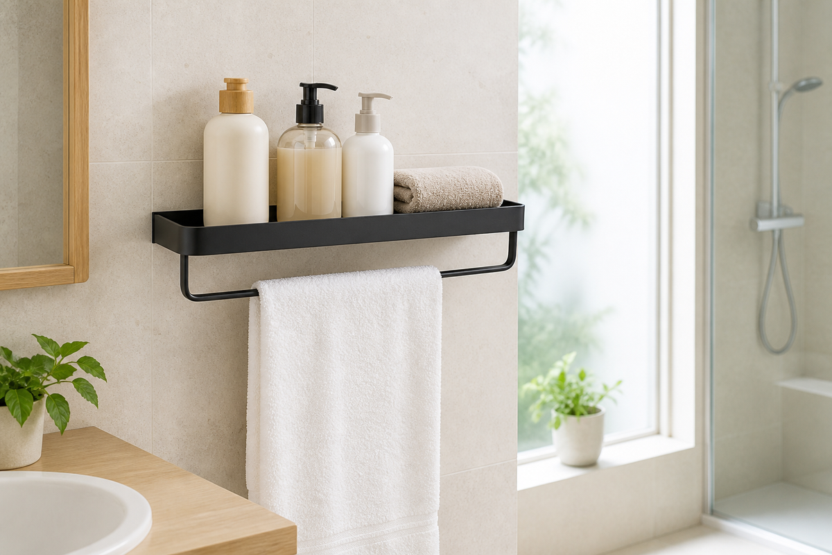 Ledge 40 cm wall shelf with towel bar in a bright family bathroom
