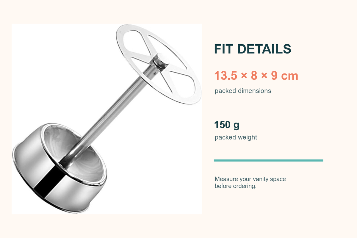 Lustre fit details showing 13.5 by 8 by 9 centimeter packed dimensions and 150 gram packed weight