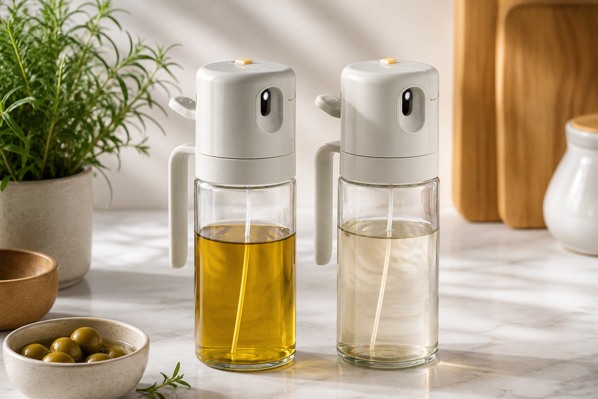 Two Mist and Pour bottles holding cooking oil and vinegar in a bright kitchen