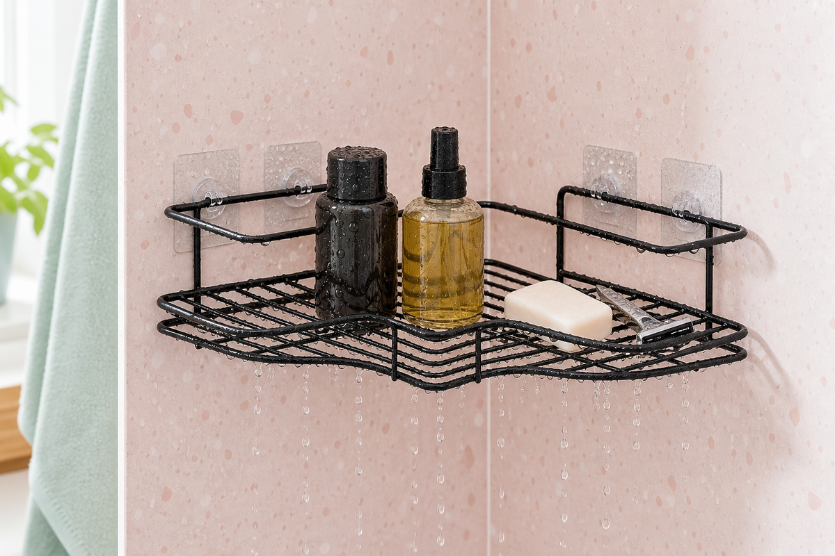 Nook open-wire shower shelf draining freely after use in a blush terrazzo bathroom