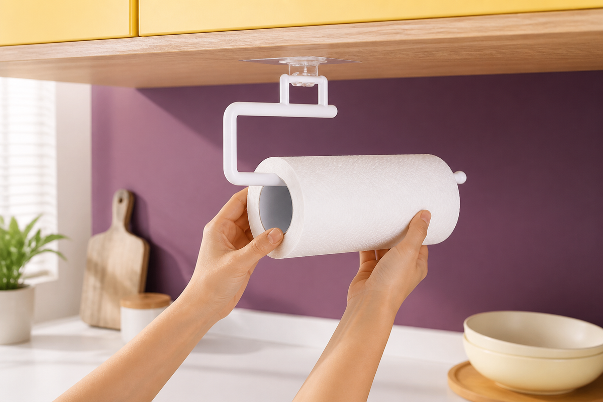 Perch large swing-arm holder with a paper towel roll being loaded by hand