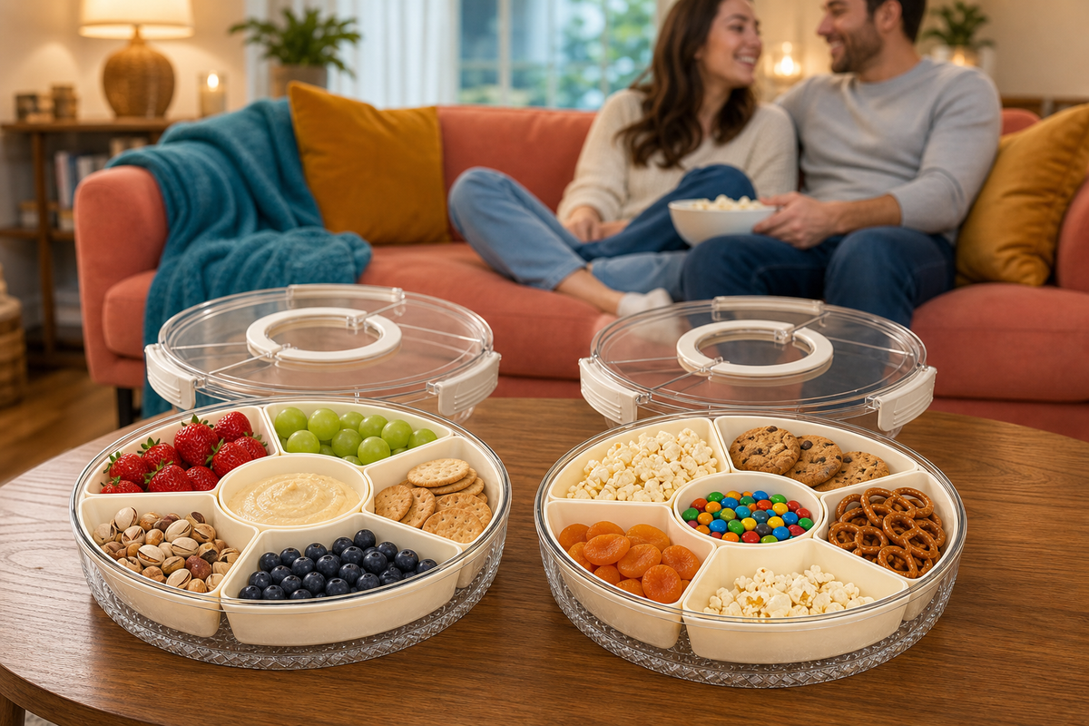 Two open PetalSpin rotating snack trays arranged with sweet and savory foods for a colorful movie night