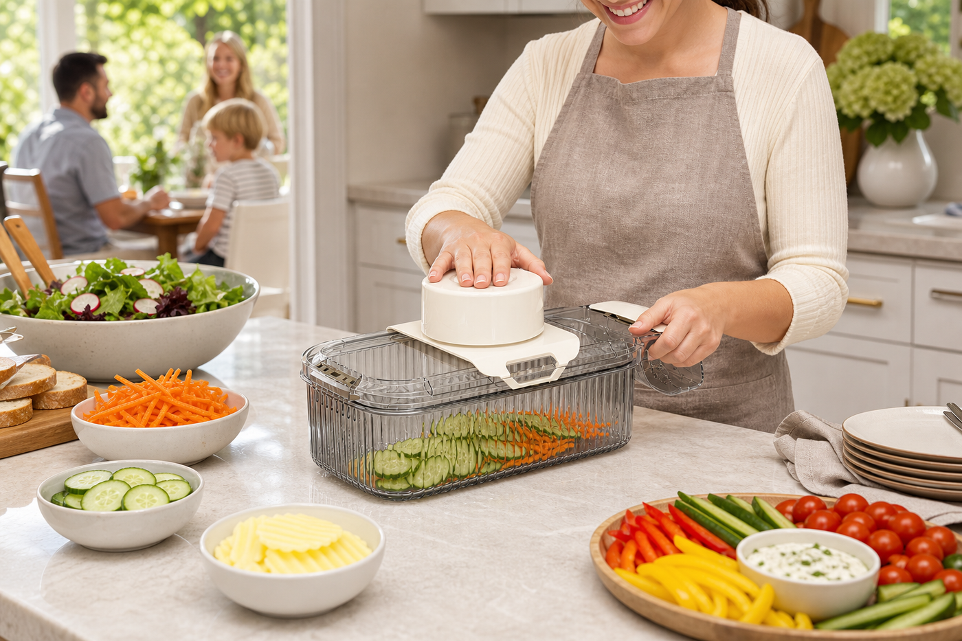 Home cook using the PrepPro slicer to prepare vegetables for a family meal