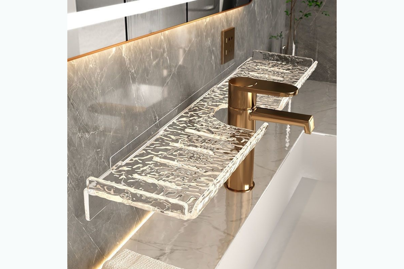 RippleClear Large clear water-ripple bathroom shelf above a vanity