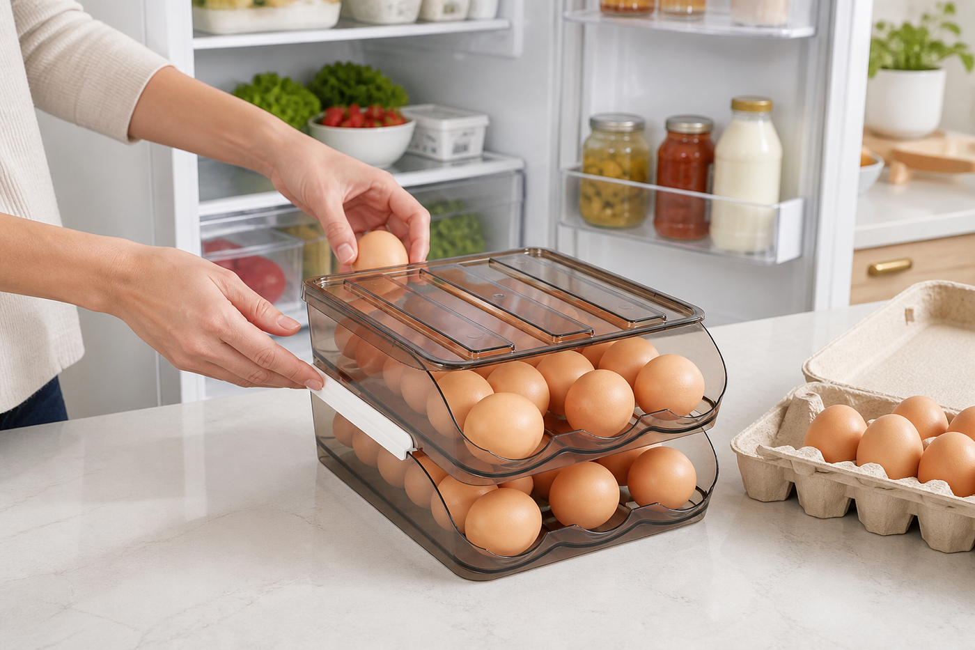 Roost rolling egg organizer being restocked beside an open refrigerator