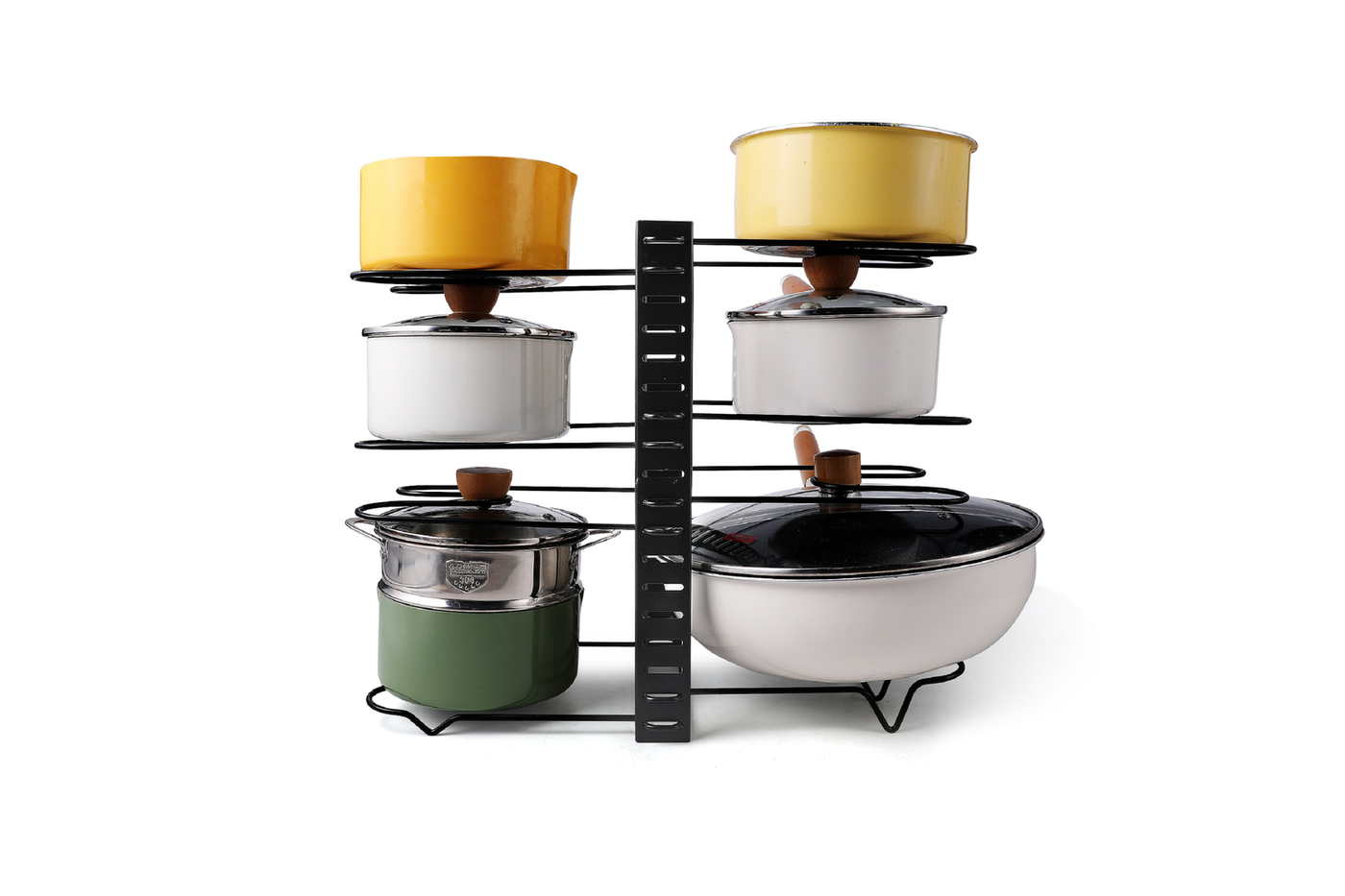 Rung black steel organizer in the exact two-sided vertical configuration with six cookware supports