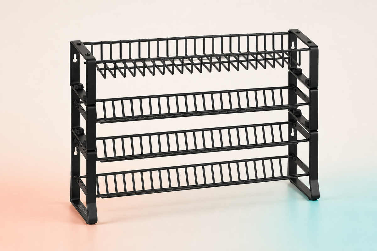 Empty Savor matte-black four-tier modular spice rack showing the included rack structure