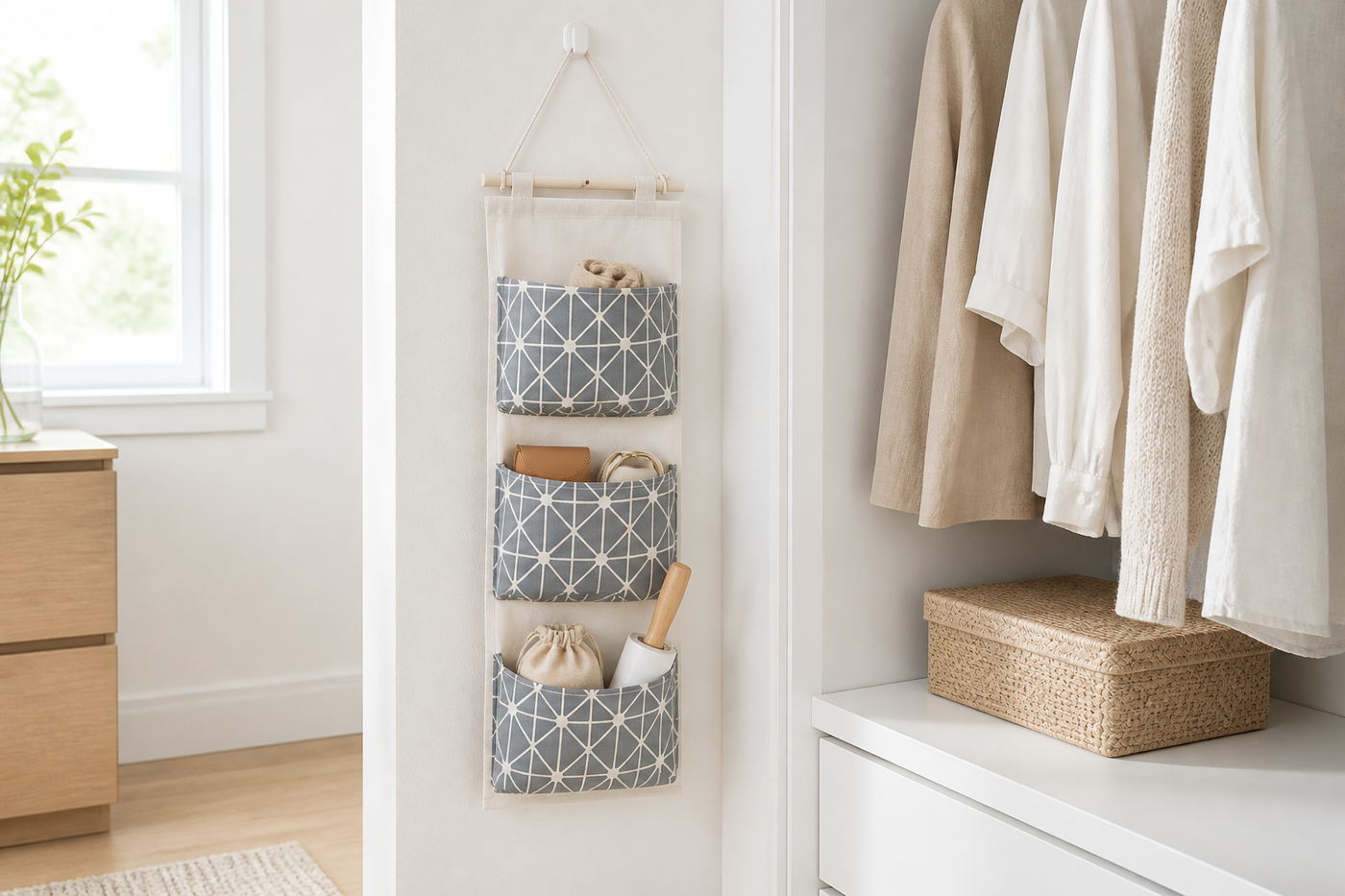Sill hanging organizer holding accessories beside an open wardrobe