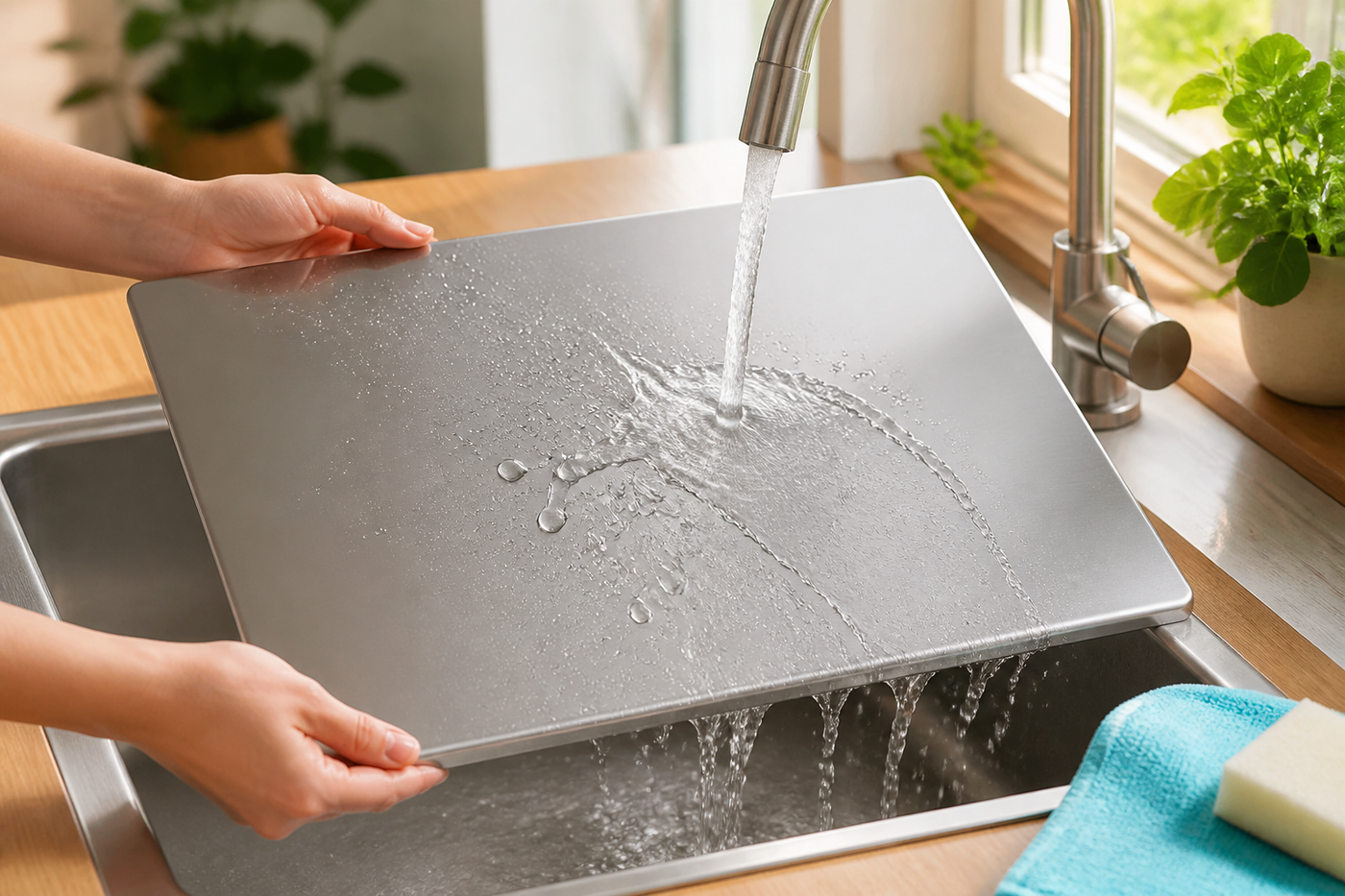 Rinsing the SteelSpan stainless steel prep board over a kitchen sink