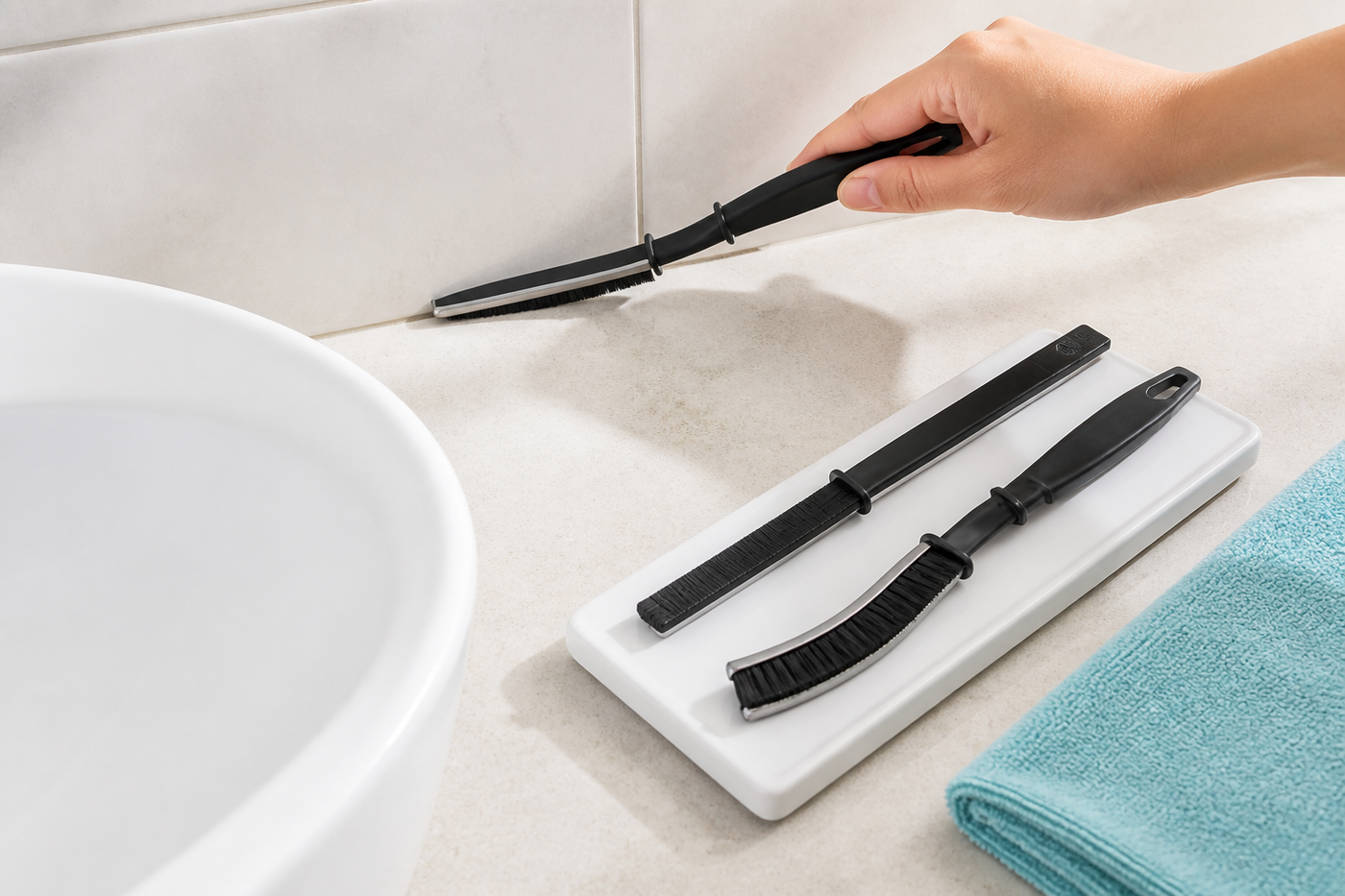 Sliver crevice brush cleaning the corner seam beside a bathroom basin