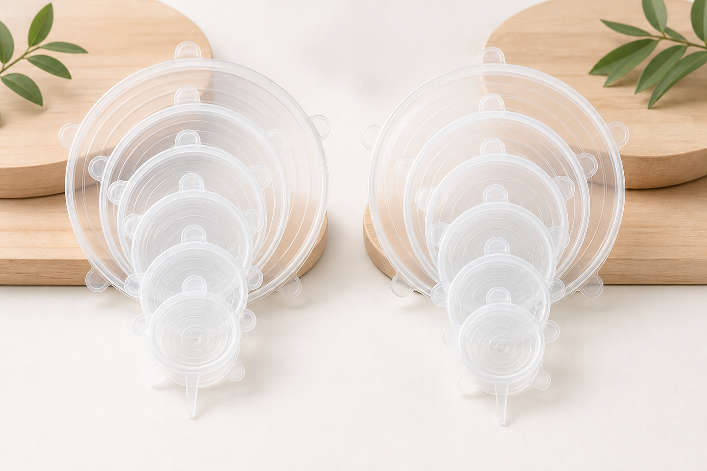Snug twelve-piece option with two sets of six clear silicone stretch lids