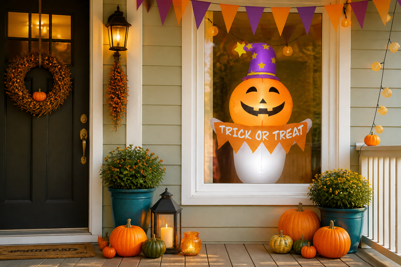 SpellGlow pumpkin ghost window inflatable beside a bright coral door and colorful Halloween pumpkins